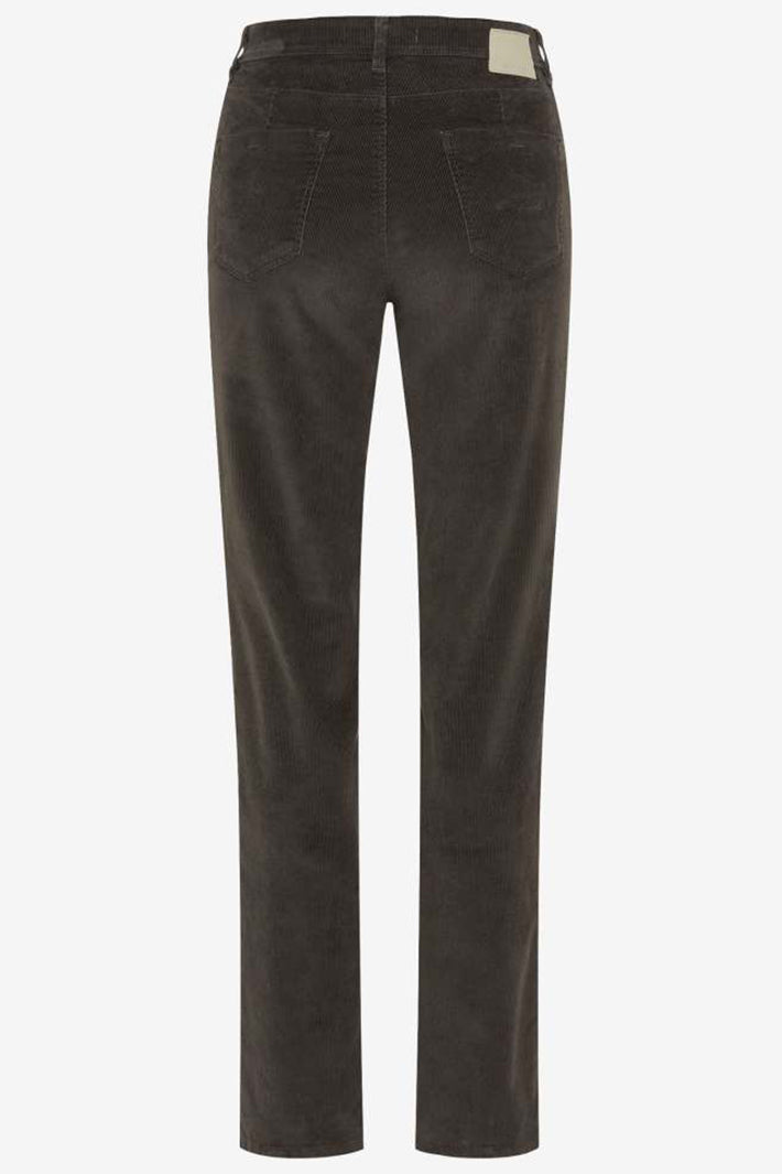 Dark grey corduroy pants on a white background