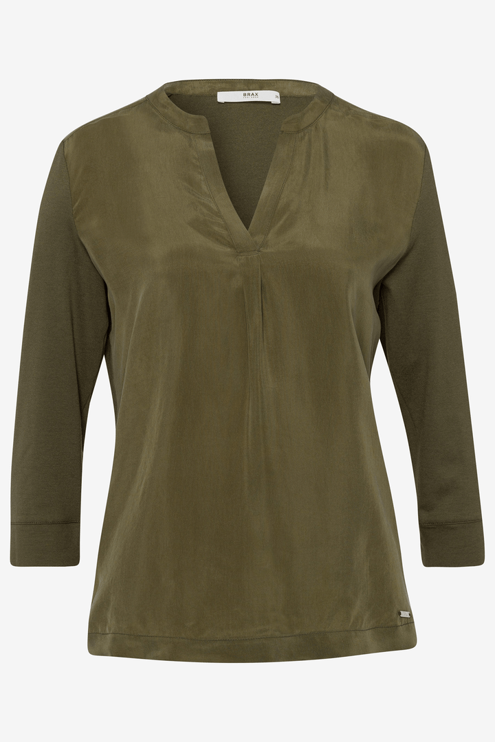 Brax Clarissa 33-6508 90617700 34 Olive Green Split Neck Top - Shirley Allum Boutique