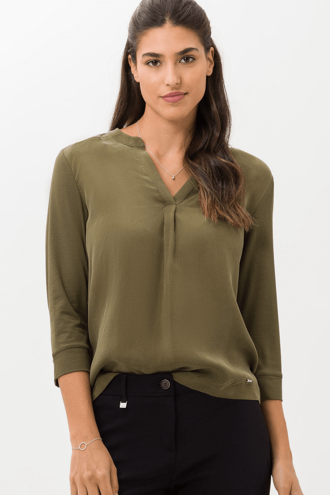 Brax Clarissa 33-6508 90617700 34 Olive Green Split Neck Top - Shirley Allum Boutique