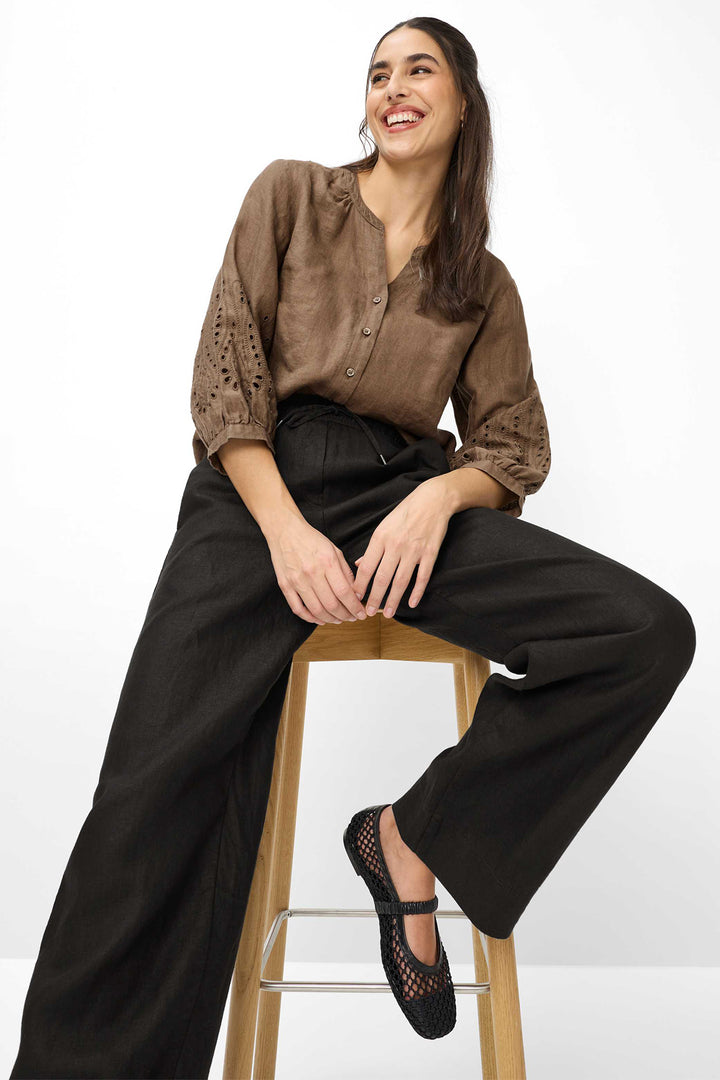 Brax Farina 09-2202 09885020 02 Black Linen Drawstring Waist Trousers