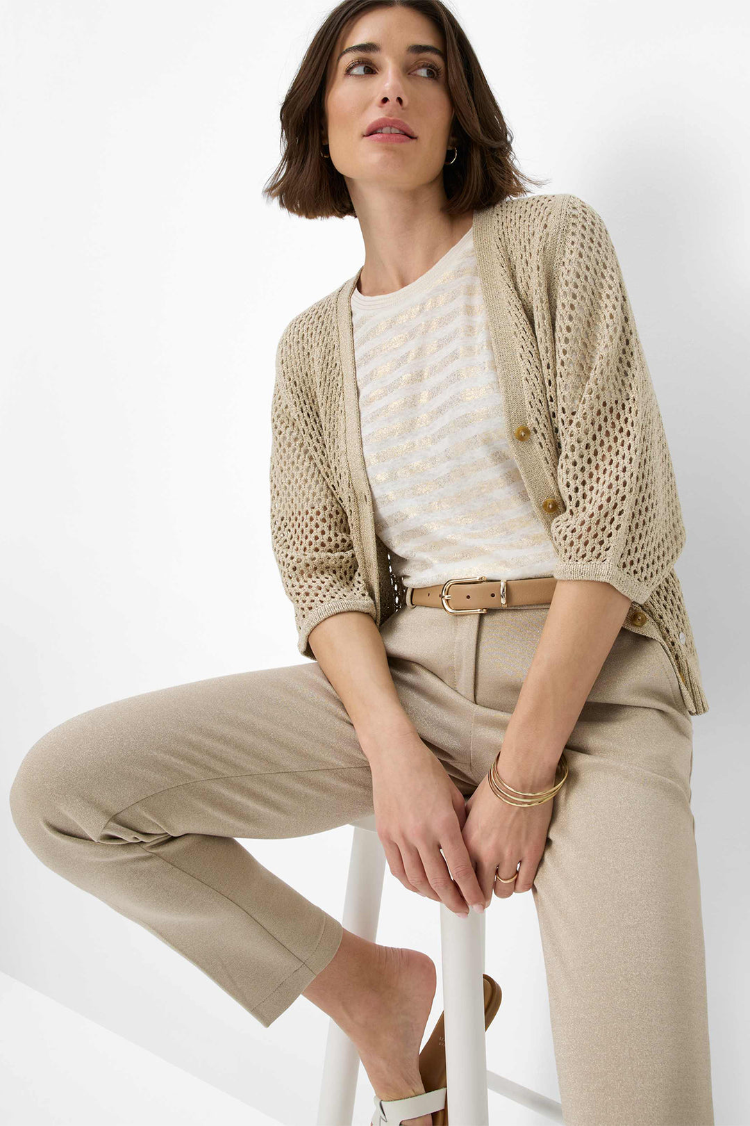Brax Trousers Maron 76-5058 09212320 54 Pull-On Minimal Houndstooth Beige - Shirley Allum Boutique