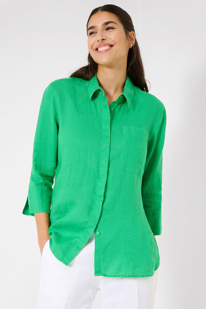 Brax Vicki 44-7038 94110200 33 Apple Green Long Sleeve Linen Shirt - Shirley Allum Boutique