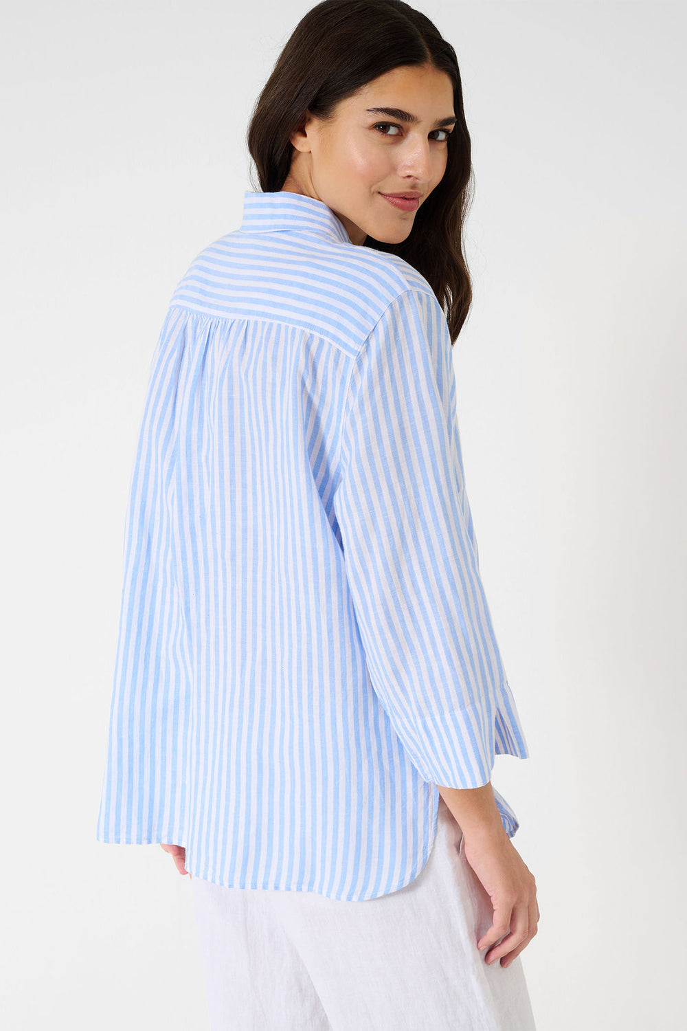 Brax Vicki 44-7568 94120200 27 Blush Blue Stripe Linen Mix Shirt - Shirley Allum Boutique