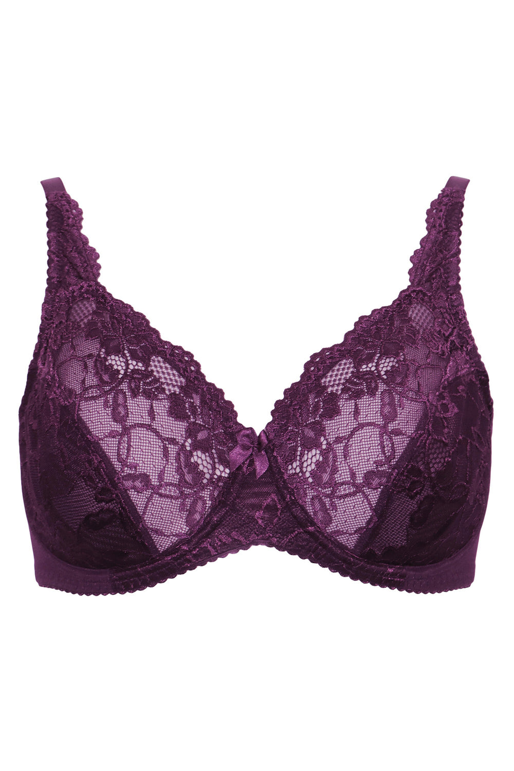Purple lace bra on a white background