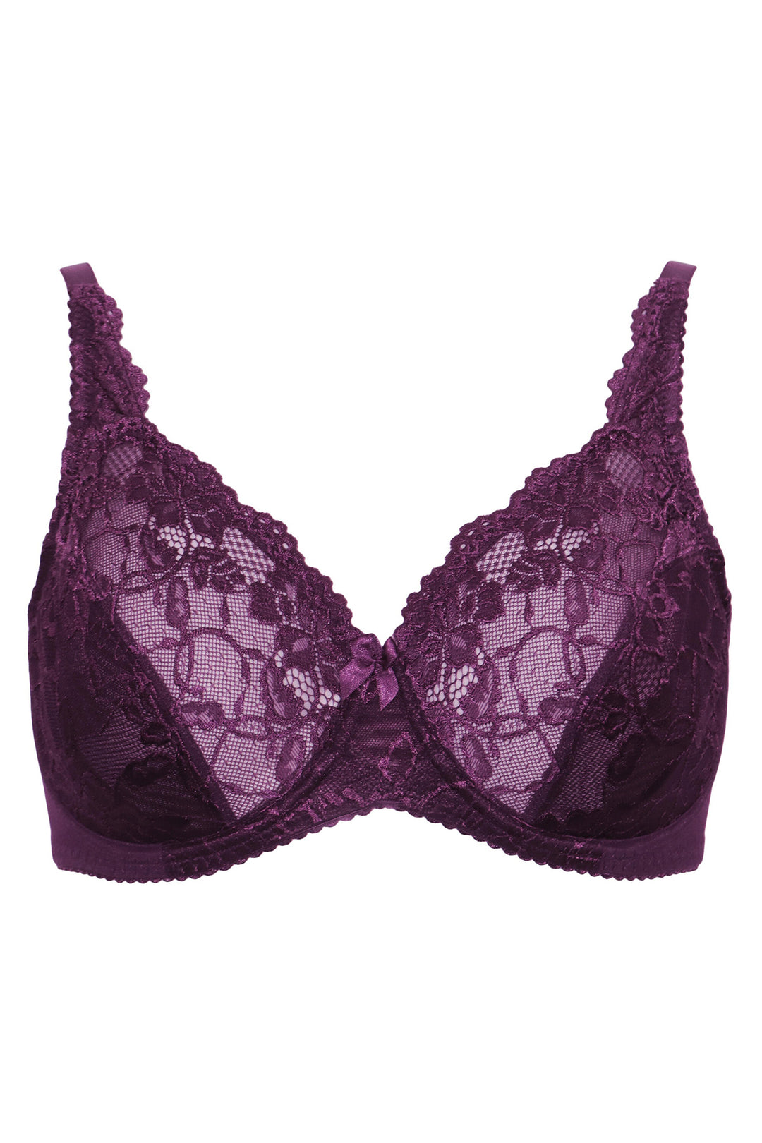 Purple lace bra on a white background