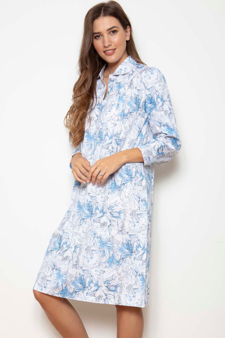 Cottonreal Barbara Blue Grand Leaf Cotton Sateen Nightdress - Shirley Allum Boutique