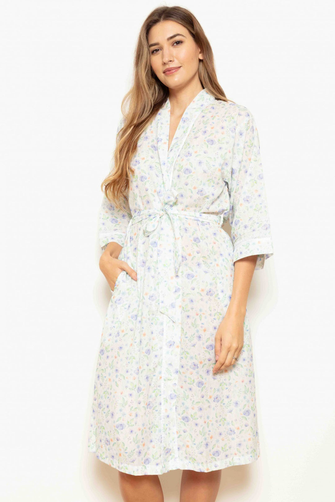 Cottonreal Elva Pansy Floral Kimono Wrap Over Robe Gown - Shirley Allum Boutique