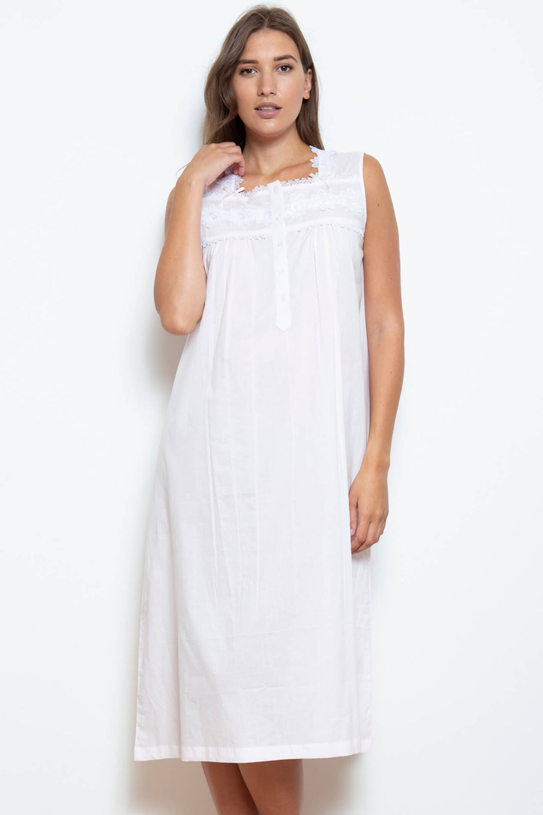 Cottonreal Helia Cotton Lawn Broderie Anglais Sleeveless Nightdress - Shirley Allum Boutique