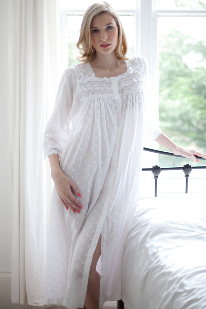 Cottonreal Jay Button Nightdress White Cotton Voile Jaquard Polka Dot - Shirley Allum Boutique