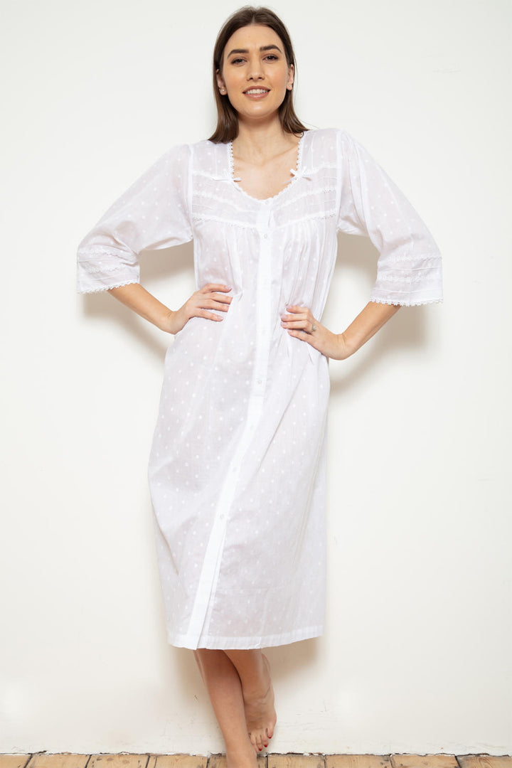 Cottonreal Jay Button Nightdress White Cotton Voile Jaquard Polka Dot - Shirley Allum Boutique