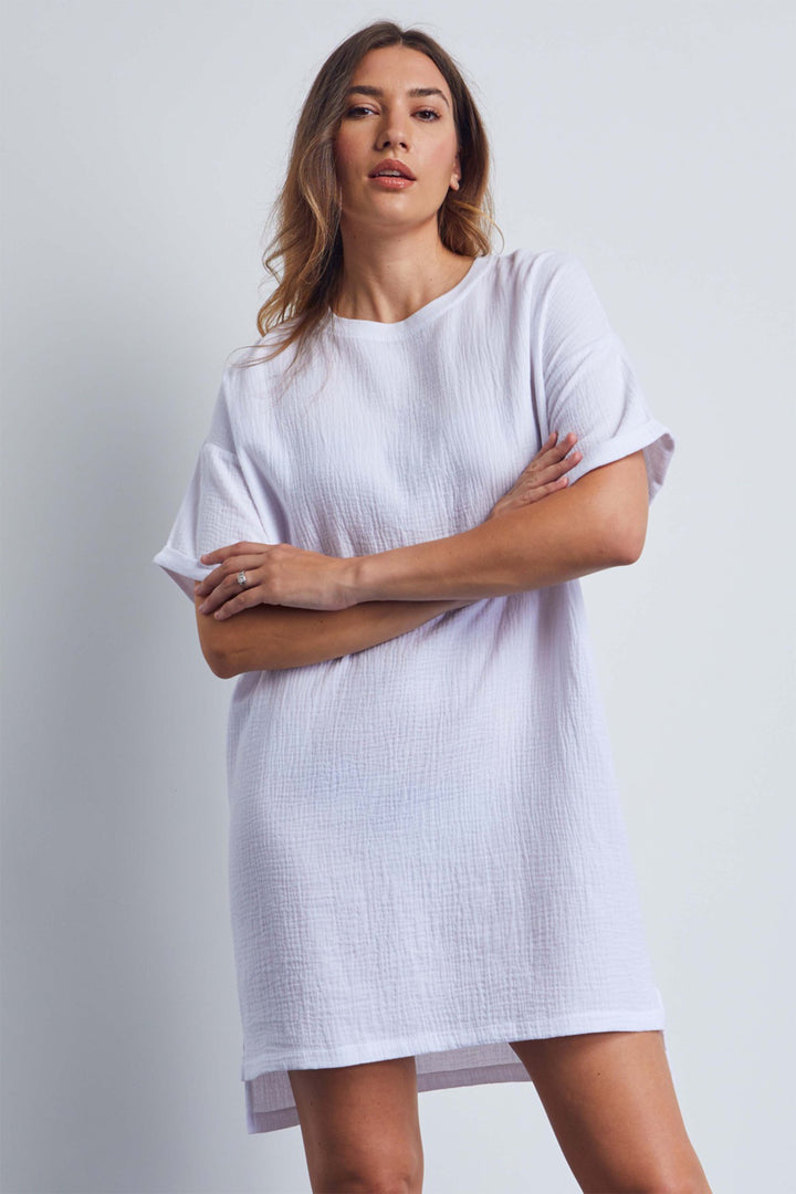 Cottonreal Nightdress White Cotton Muslin Big T CRD25032-1 - Shirley Allum Boutique