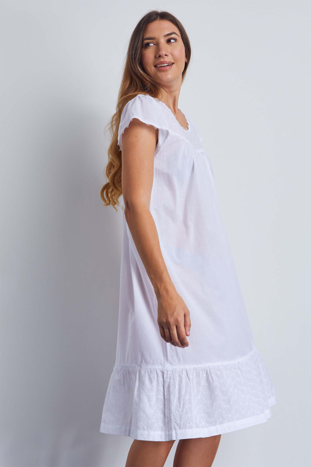 Cottonreal Teign Nightdress White Broderie Anglais Cap Sleeves - Shirley Allum Boutique