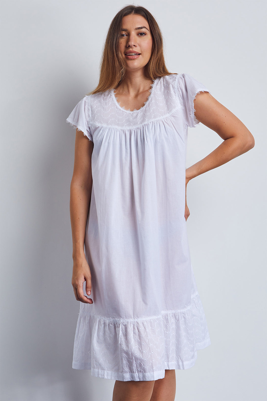 Cottonreal Teign Nightdress White Broderie Anglais Cap Sleeves - Shirley Allum Boutique