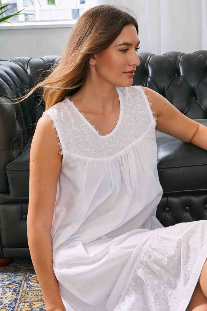 Cottonreal Tyne Nightdress White Broderie Anglais Sleeveless - Shirley Allum Boutique