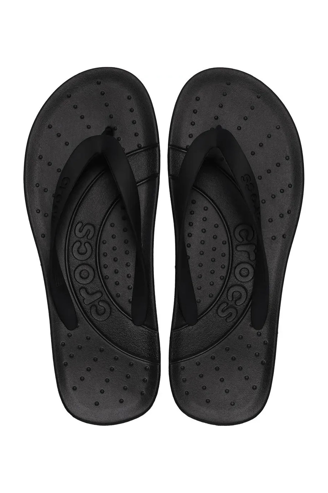 Pair of black Crocs sandals on a white background