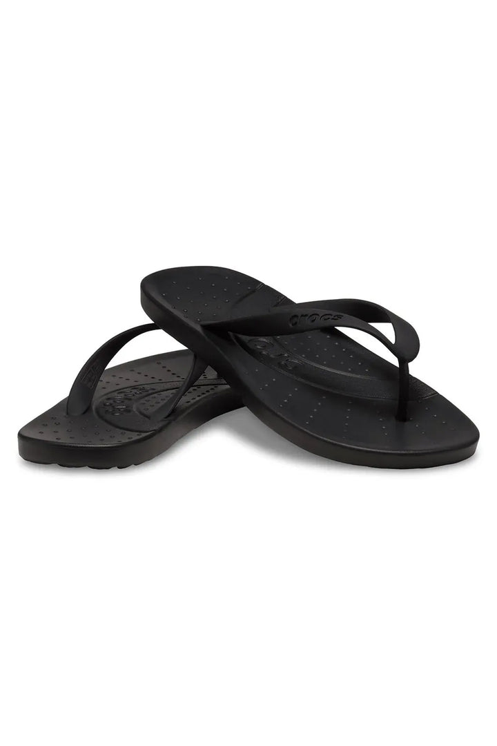 Black flip-flops on a white background