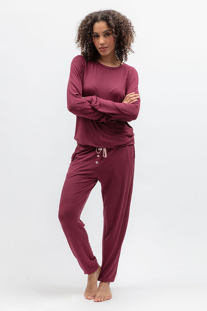 Cyberjammies 2689 Blush Botanica Berry Red Jersey Pyjama Bottoms, full-length with the matching top