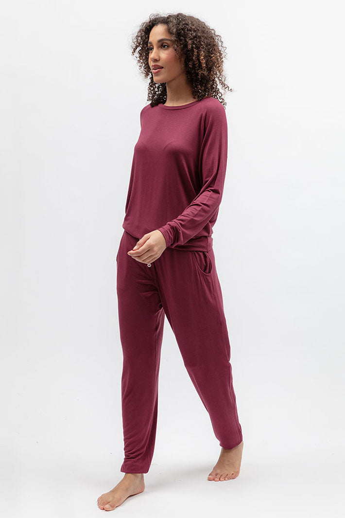 Cyberjammies 2689 Blush Botanica Berry Red Jersey Pyjama Bottoms, full-length side view