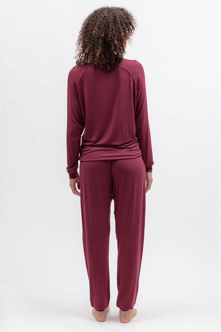 Cyberjammies 2689 Blush Botanica Berry Red Jersey Pyjama Bottoms, full-length back view
