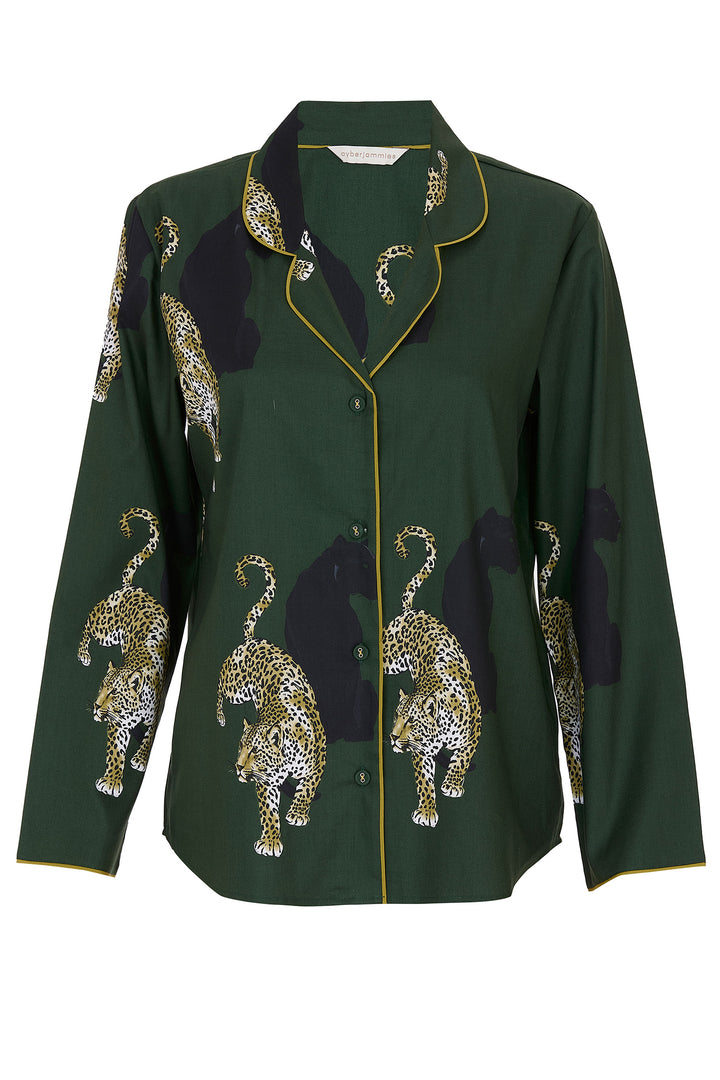 Green shirt with leopard embroidery on a white background