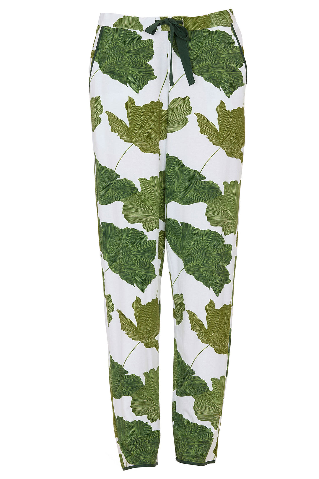 Green leaf-patterned pants on a white background