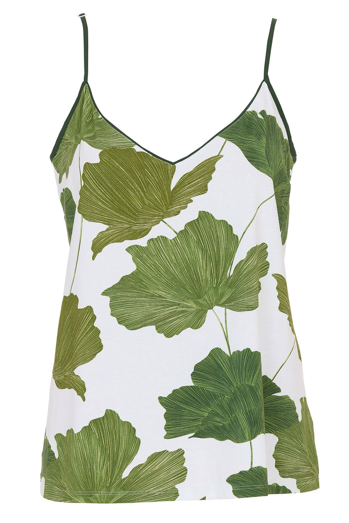 Green leaf patterned top on a white background