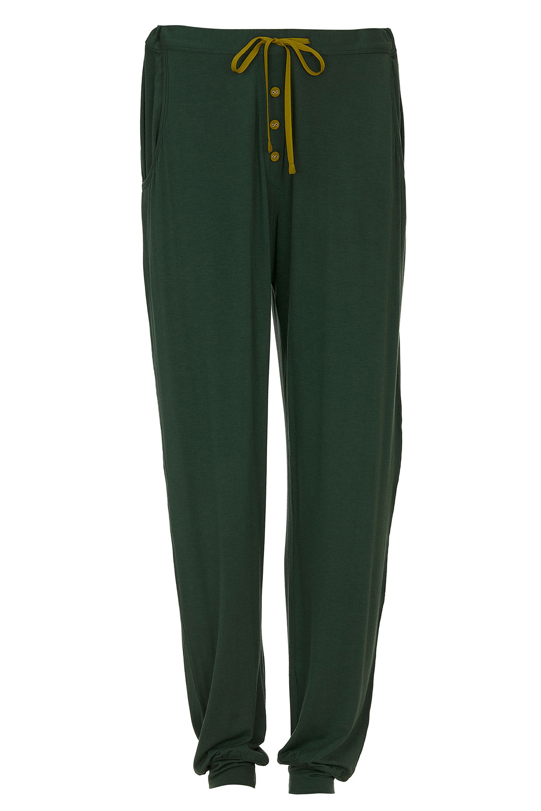 Green jogger pants with yellow drawstring and buttons on a white background