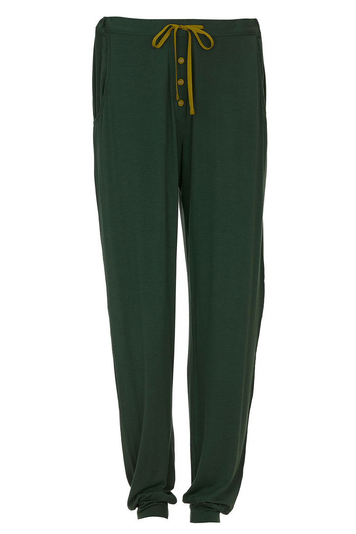 Green jogger pants with yellow drawstring and buttons on a white background