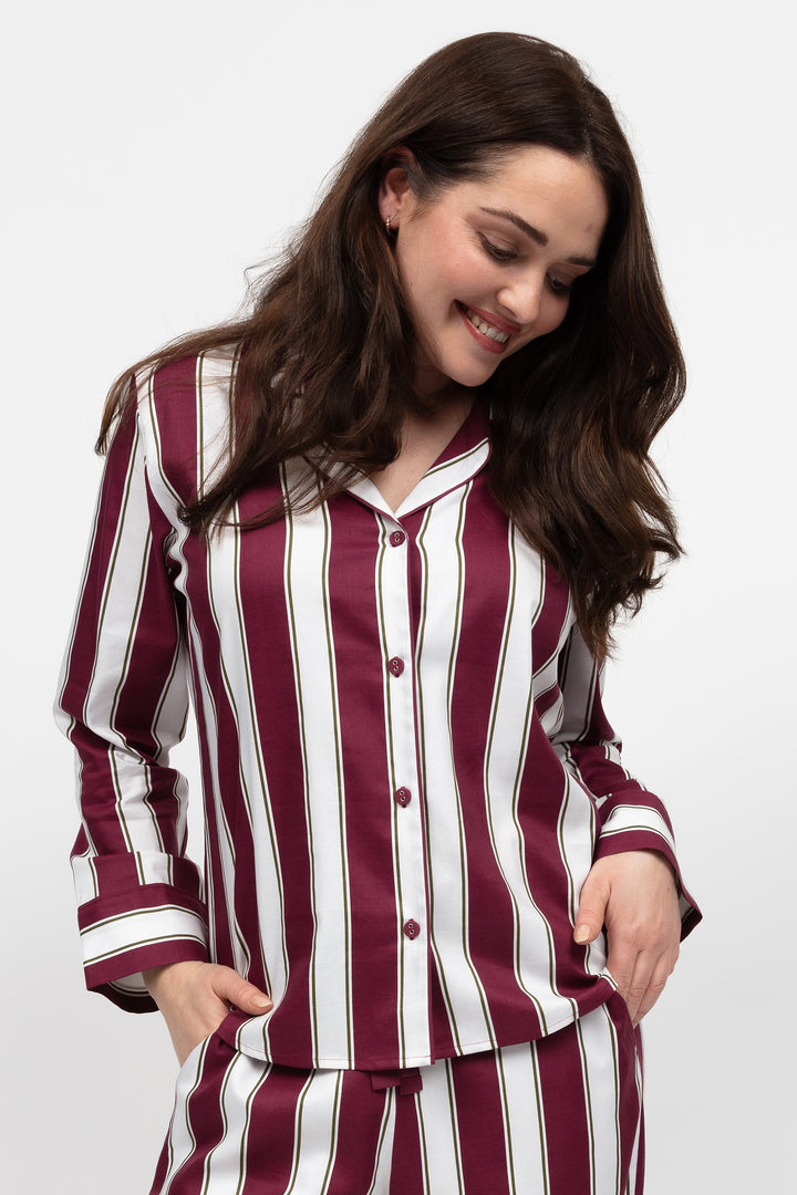 Cyberjammies 5083 Yasmin Printed Stripe Ox Blood Long Sleeve Pyjama Top