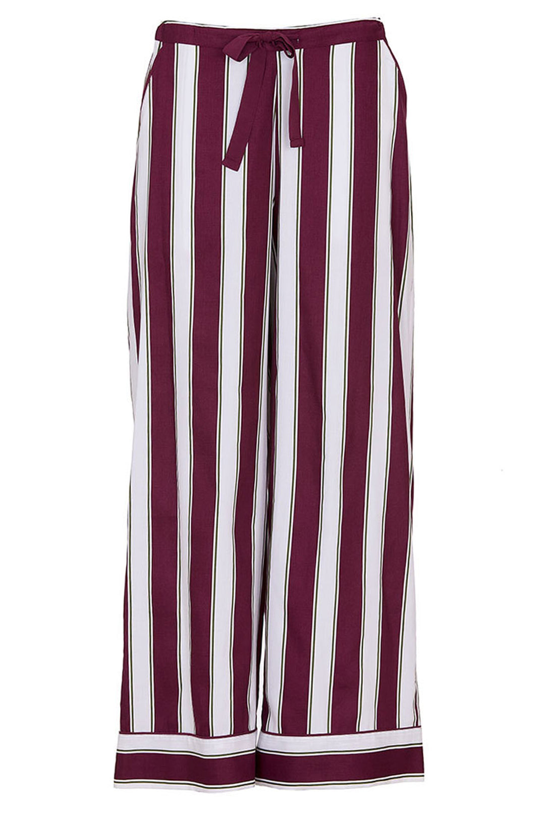 Maroon and white striped pants with a tie waist on a white background