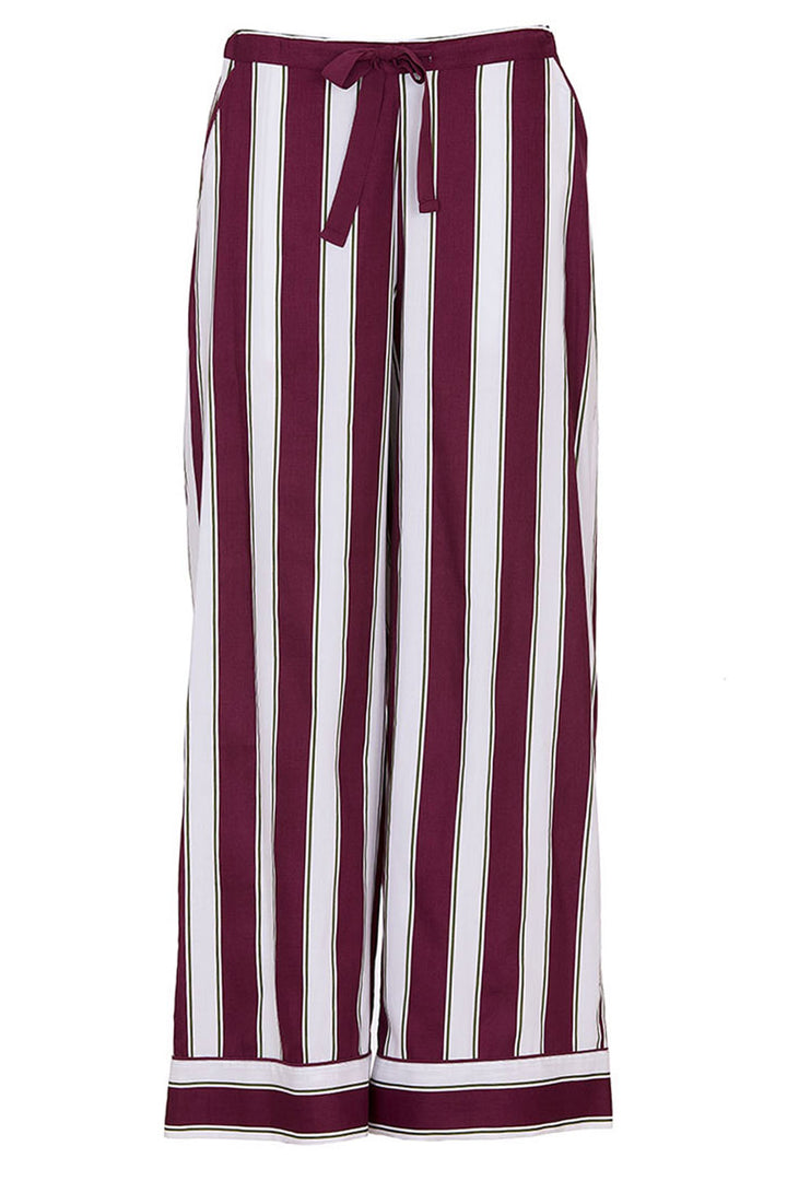 Maroon and white striped pants with a tie waist on a white background
