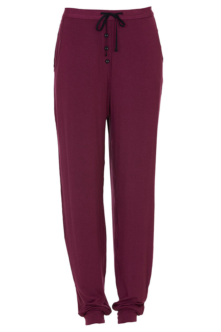 Maroon jogger pants with a drawstring on a white background