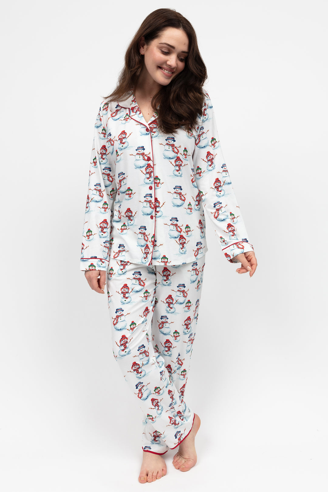 Cyberjammies 5137 Red Snowman Printed Jersey Long Sleeve Pyjama Bottoms