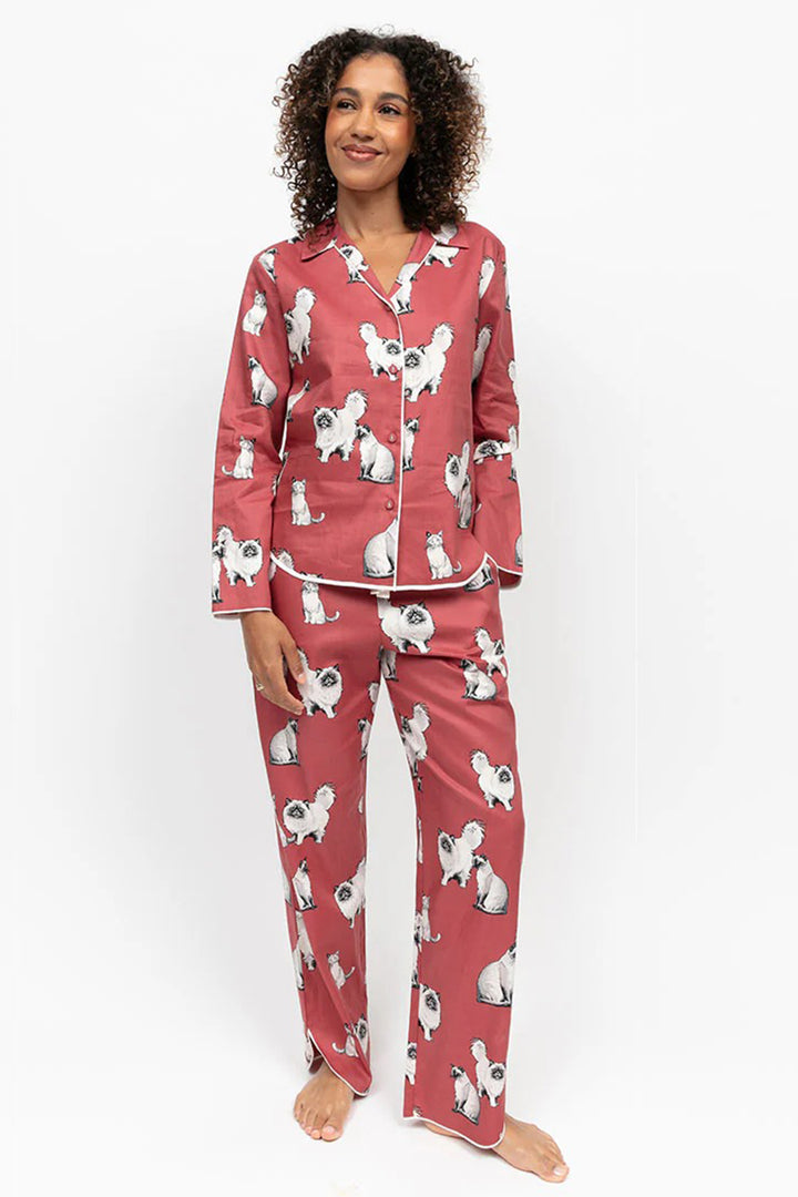Cyberjammies 5290 Terracotta Josie Cat Print Long Sleeve Pyjama Top