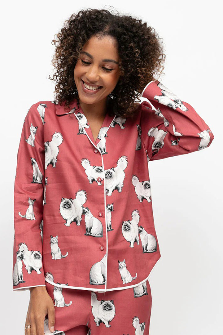 Cyberjammies 5290 Terracotta Josie Cat Print Long Sleeve Pyjama Top
