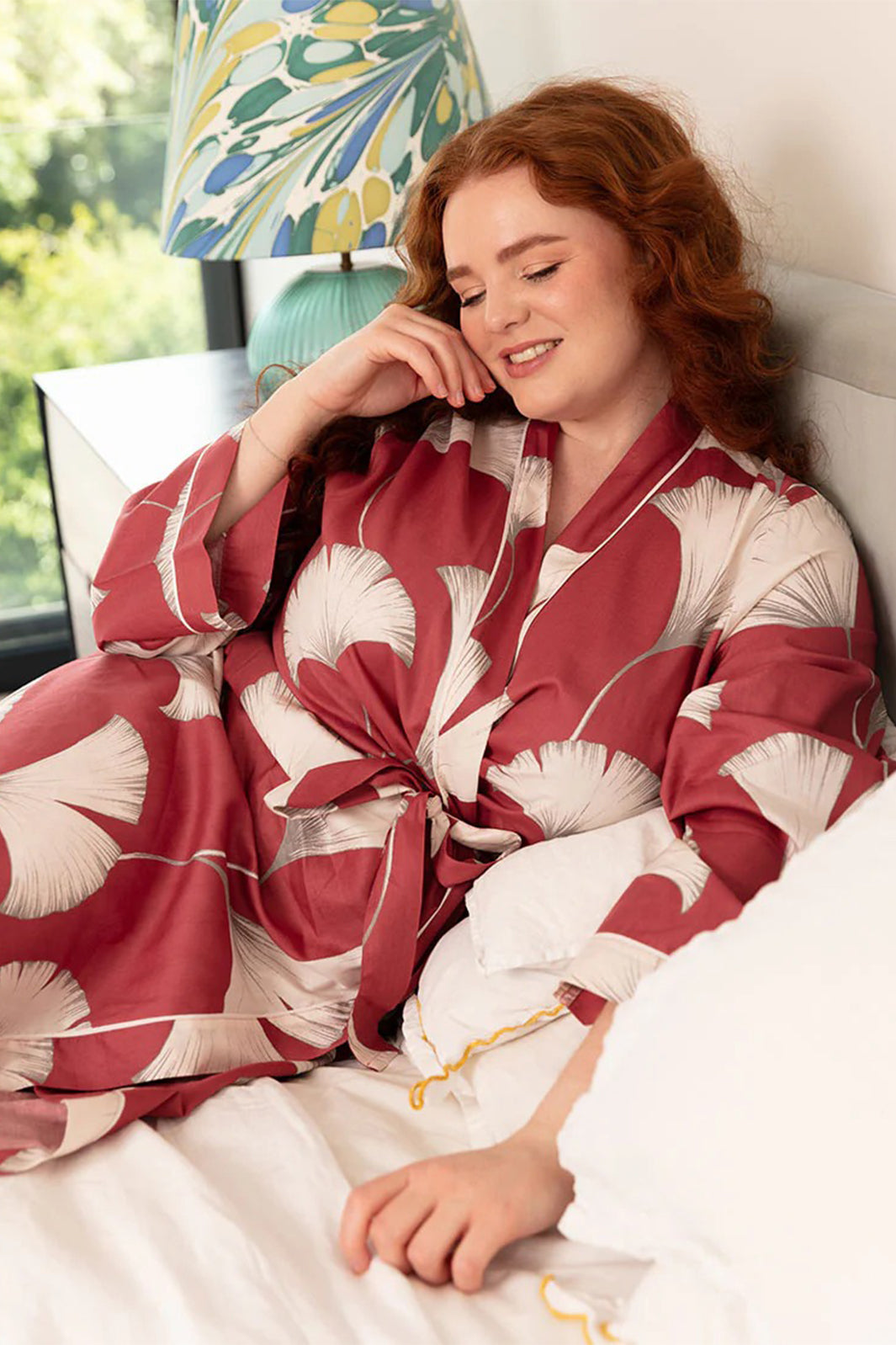 Cyberjammies 5300 Terracotta Josie Leaf Print Long Sleeve Dressing Gown