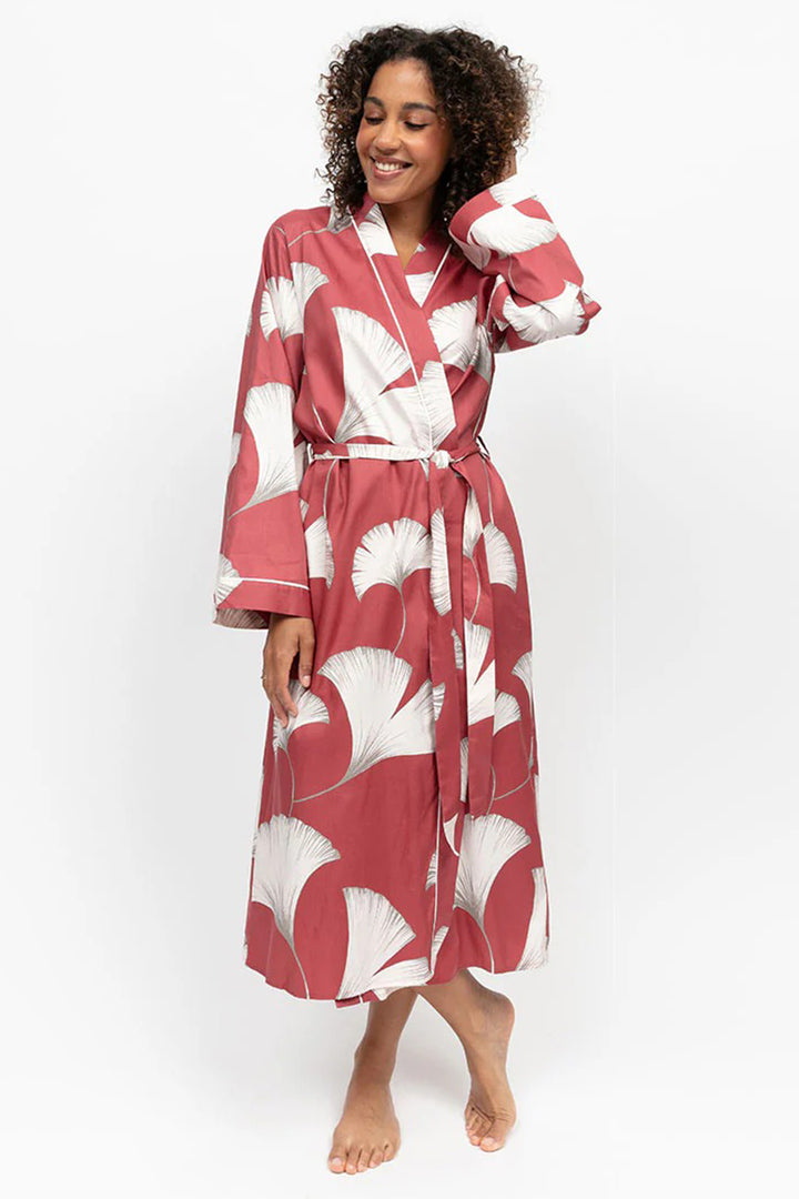 Cyberjammies 5300 Terracotta Josie Leaf Print Long Sleeve Dressing Gown