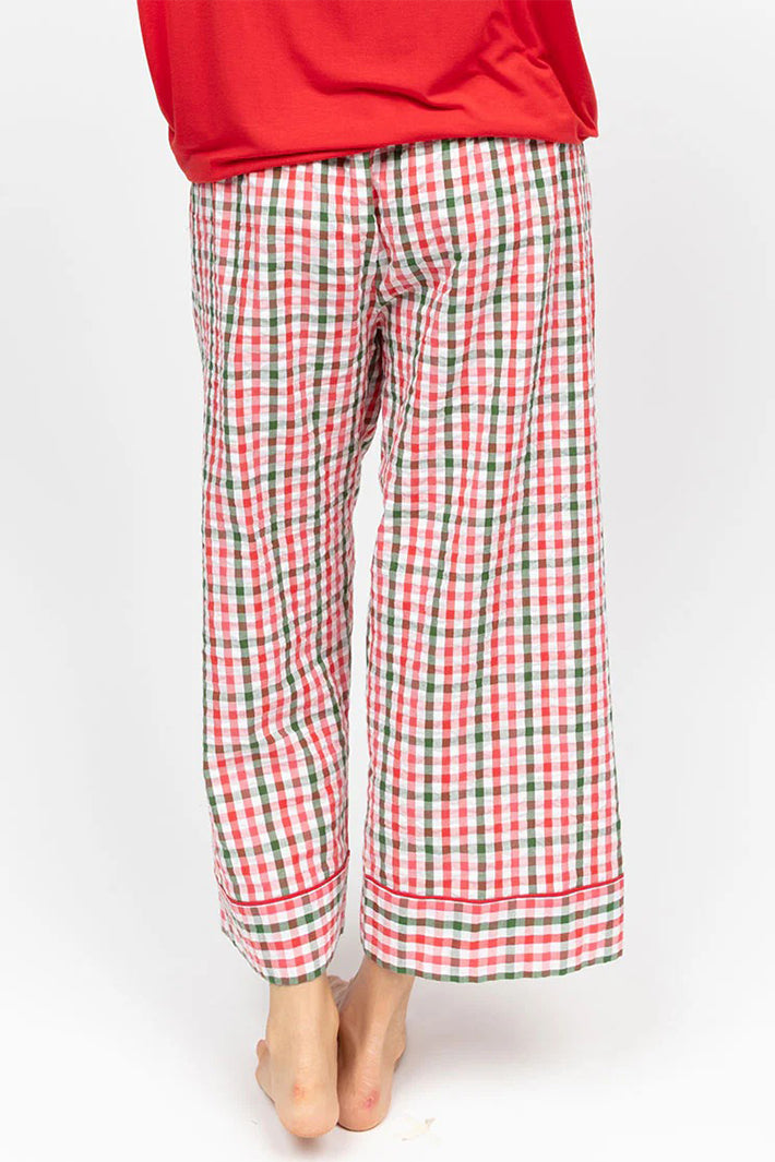 Cyberjammies 5416 Red Tara SeerSucker Check Wide Leg Crop Pyjama Bottoms