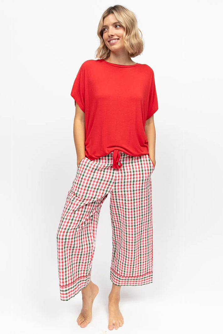 Cyberjammies 5416 Red Tara SeerSucker Check Wide Leg Crop Pyjama Bottoms