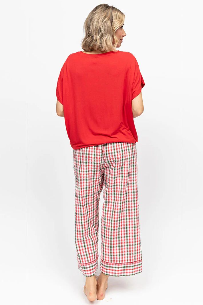 Cyberjammies 5416 Red Tara SeerSucker Check Wide Leg Crop Pyjama Bottoms