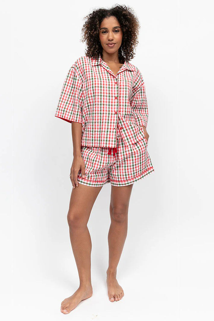 Cyberjammies 5468 Red Tara Seersucker Check 3/4 Sleeve Shorty Set