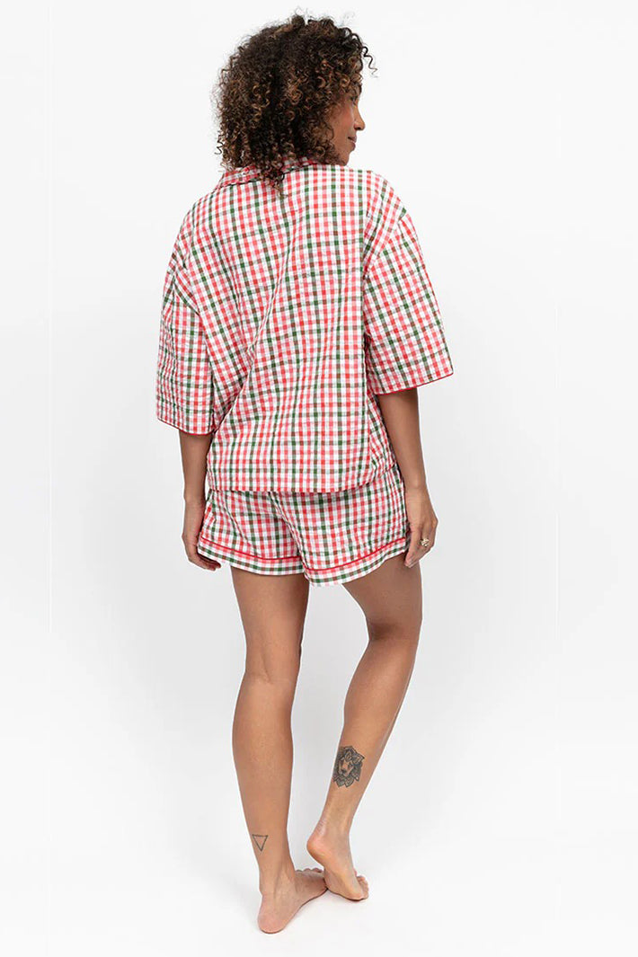 Cyberjammies 5468 Red Tara Seersucker Check 3/4 Sleeve Shorty Set