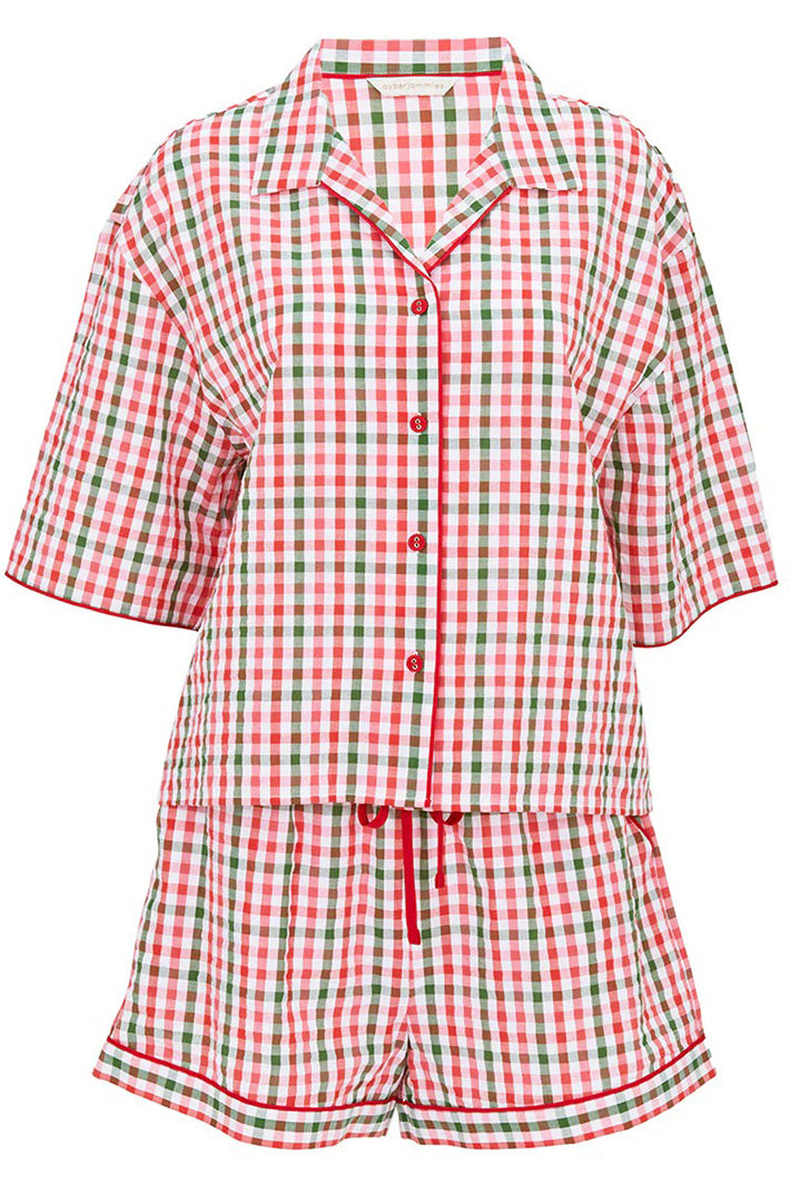 Cyberjammies 5468 Red Tara Seersucker Check 3/4 Sleeve Shorty Set