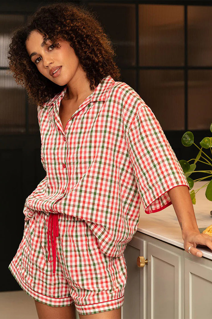 Cyberjammies 5468 Red Tara Seersucker Check 3/4 Sleeve Shorty Set