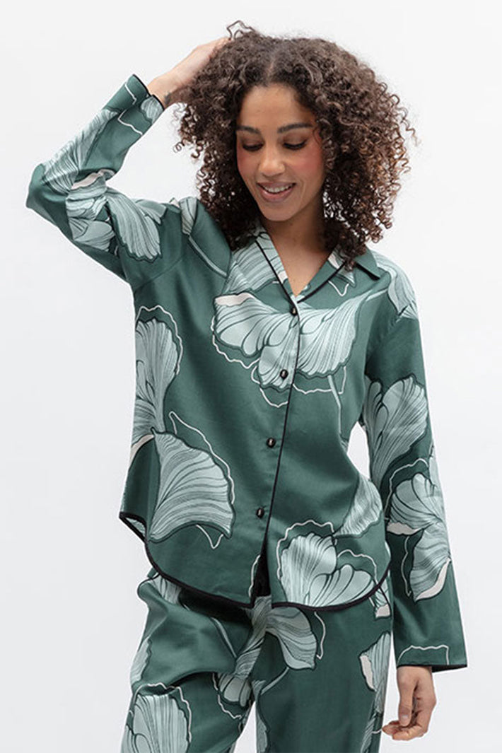 Cyberjammies 5572 Grace Green Floral Print LongSleeve Pyjama Top, front view