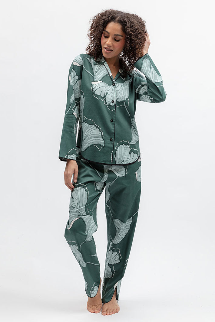 Cyberjammies 5572 Grace Green Floral Print LongSleeve Pyjama Top, full-length front view