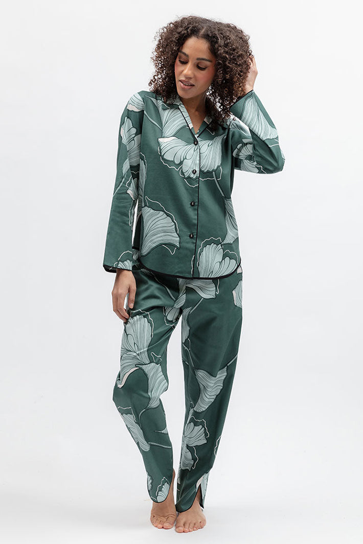 Cyberjammies 5573 Grace Green Floral Print Pyjama Bottoms, full-length with the matching top