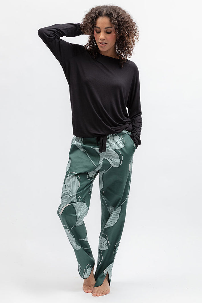 Cyberjammies 5573 Grace Green Floral Print Pyjama Bottoms, styled with a black top
