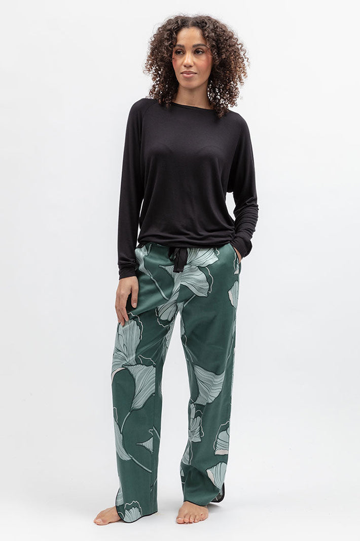 Cyberjammies 5580 Grace Black Slouch Jersey Long Sleeve Pyjama Top, styled with green floral bottoms