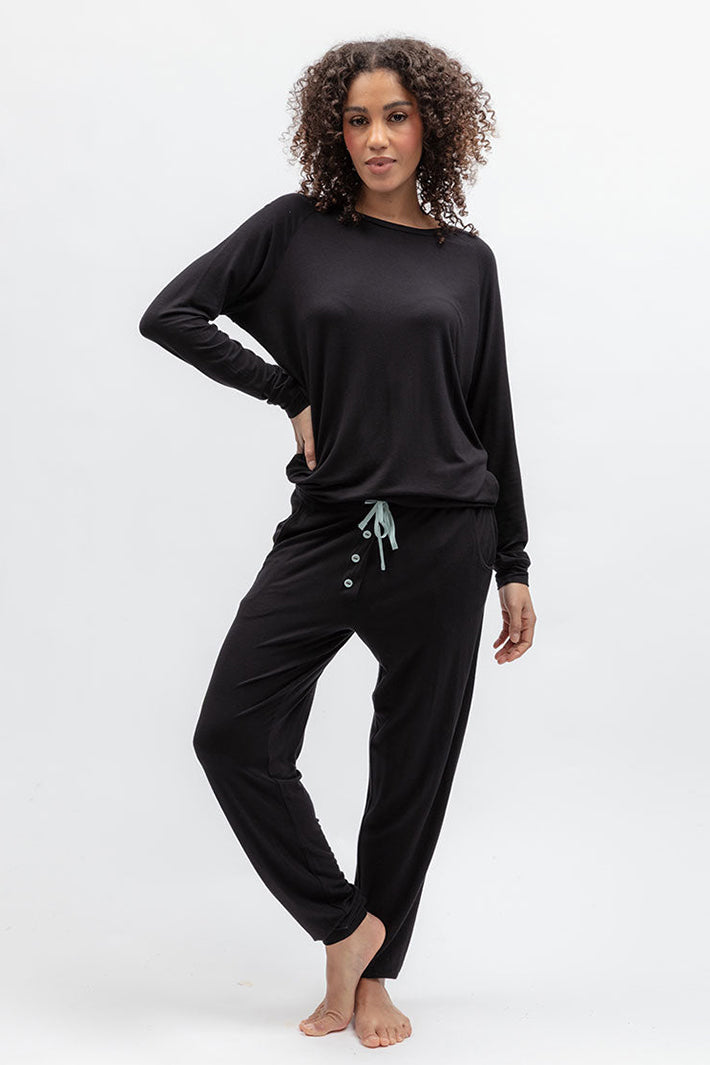Cyberjammies 5581 Grace Black Jersey Pyjama Bottoms, full-length with the matching top